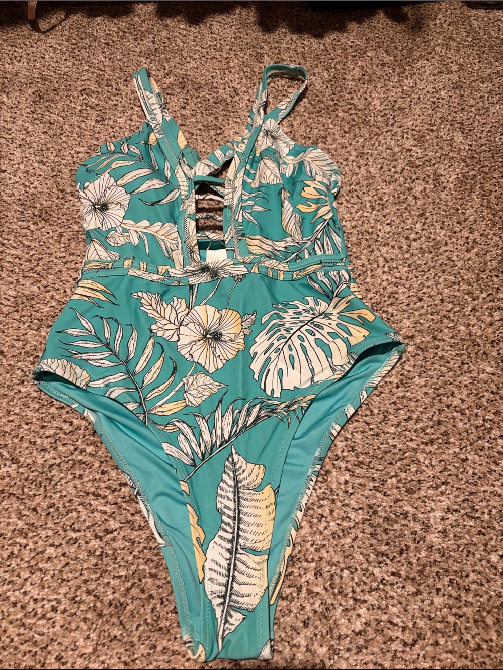 Cupshe Small Teal Tropical One-Piece Swimsuit with Yellow Floral Print